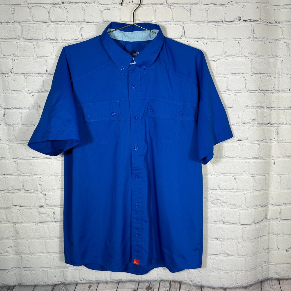 Huk Mens Short Sleeve Performance Fishing Shirt Blue Ventilated‎ Button Down
